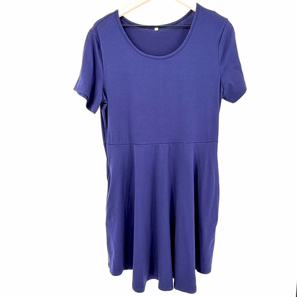 Women’s Navy Blue Short Sleeve Scoop Neck Basic Swing Dress Size L Skater Casual - Picture 2 of 5